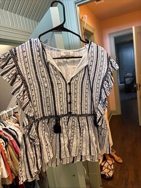 Sea New York Black & White Striped Ruffle Peplum Blouse